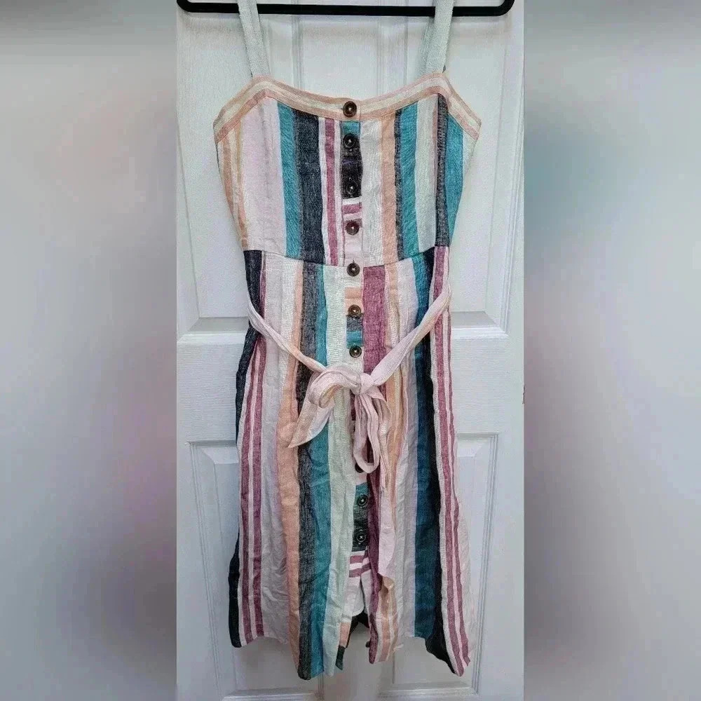 J. Crew Women's Button Front Linen Midi Multi Color Striped Dress Size 4